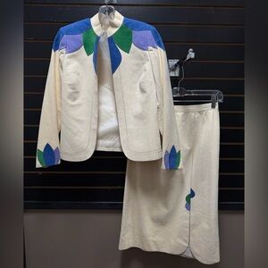 Vintage Unbranded Cream Blazer & Skirt Set Blue Green Appliqué S/M